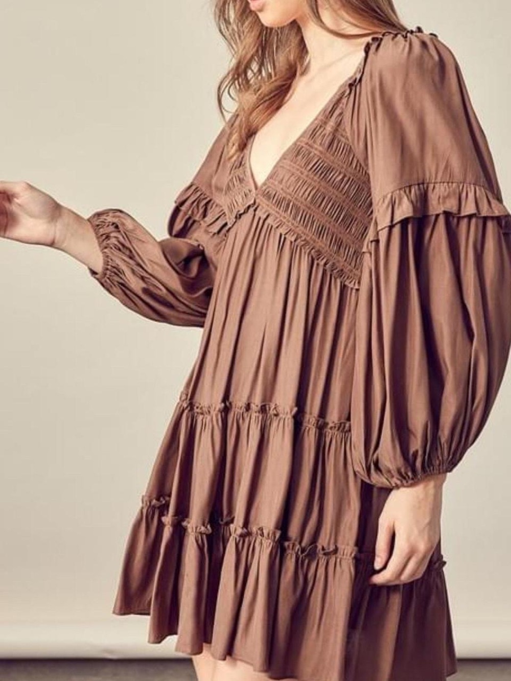 Mustard Seed Brown Ruffled V-Neck Tiered Mini Dress Festival Faire Boho